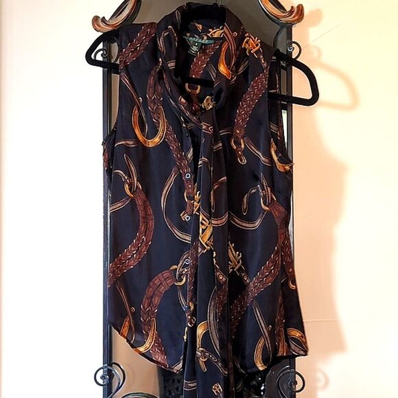 Vintage Ralph Lauren 100% Silk Equestrian Sleeveless Tie Front Blouse - Picture 10 of 12